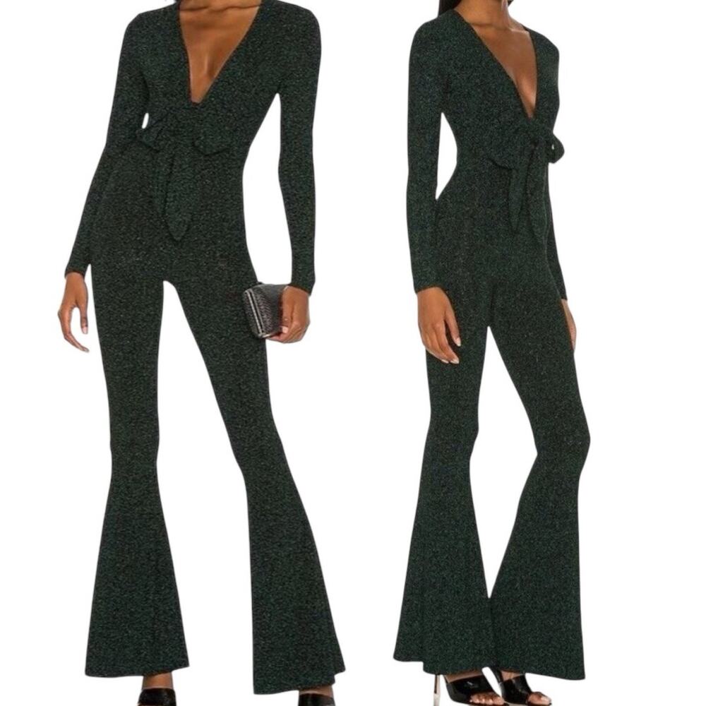 Show Me Your Mumu Martina GREEN GLITTER Jumpsuit Tie Front WOMENS SIZE LARGE Htf
